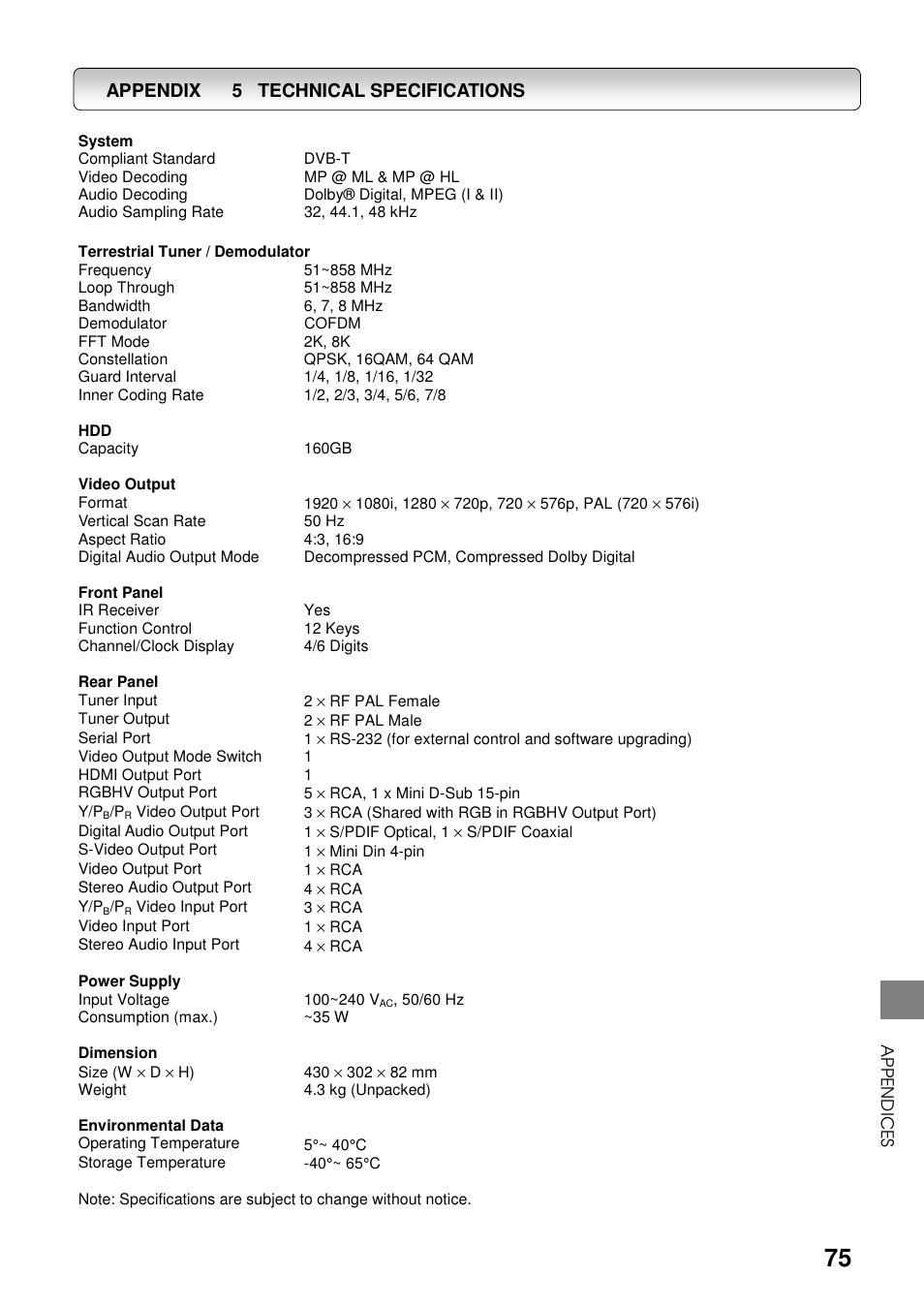 5 technical specifications, Appendix | Toshiba HDD-J35 User Manual | Page 75 / 88