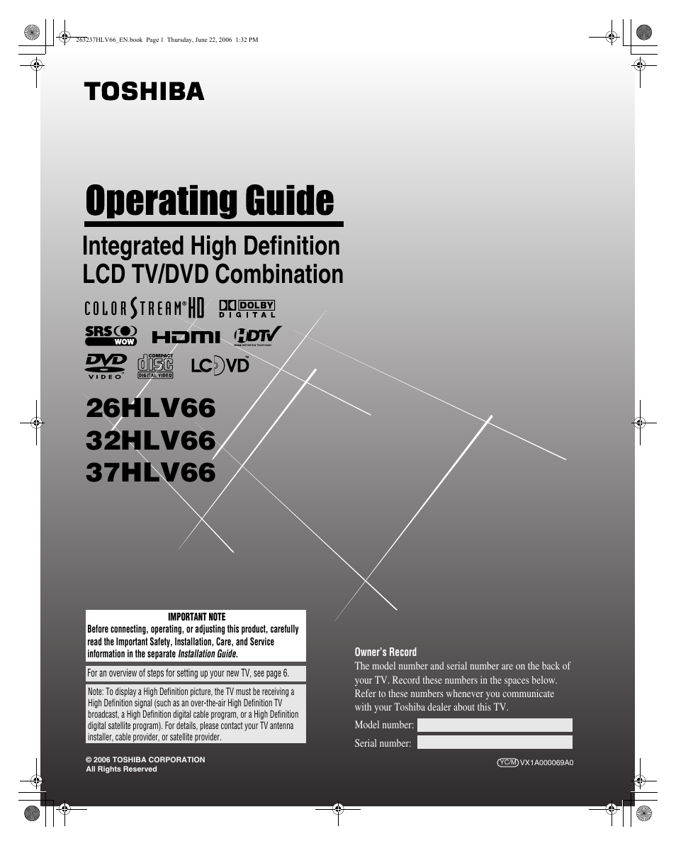 Toshiba 26HLV66 User Manual | 74 pages