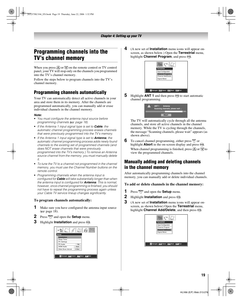 Programming channels automatically | Toshiba 26HLV66 User Manual | Page 19 / 74