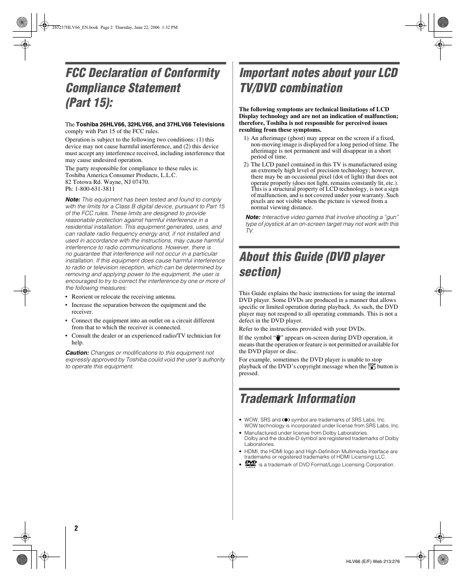 Trademark information | Toshiba 26HLV66 User Manual | Page 2 / 74