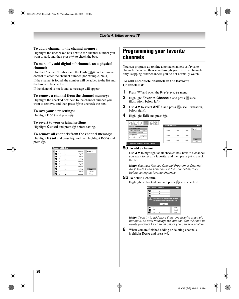 Programming your favorite channels, Chapter 4: setting up your tv, Highlight done and press t | Highlight cancel and press t before saving, Press y and open the preferences menu, Highlight edit and press t | Toshiba 26HLV66 User Manual | Page 20 / 74