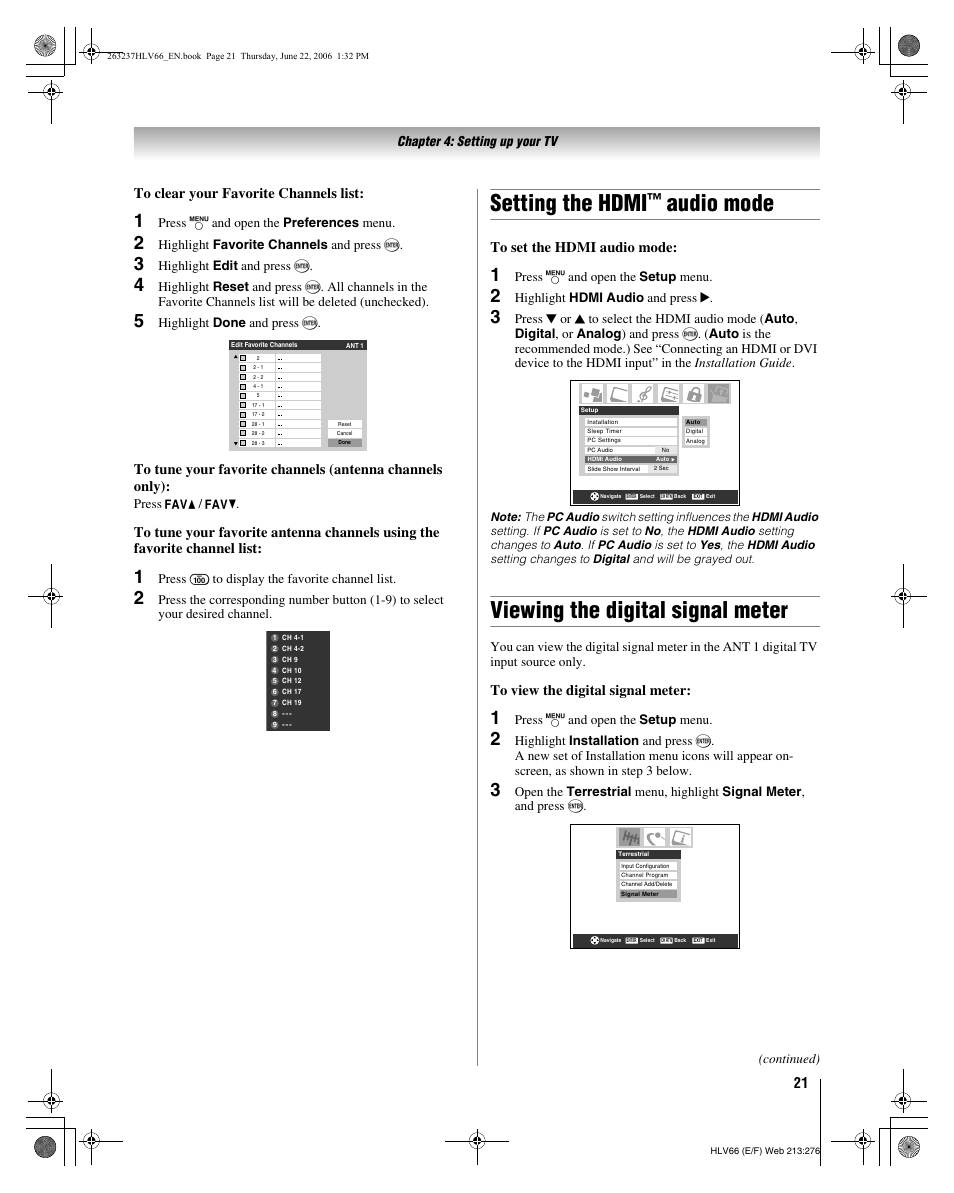 Setting the hdmi, Audio mode, Viewing the digital signal meter | Toshiba 26HLV66 User Manual | Page 21 / 74