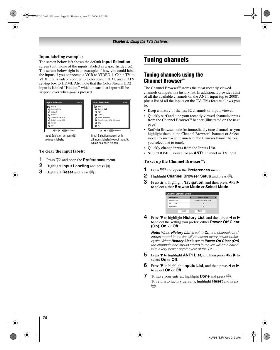 Tuning channels, Tuning channels using the channel browser, Input labeling example | Toshiba 26HLV66 User Manual | Page 24 / 74