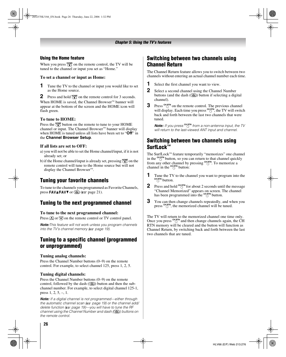 Tuning your favorite channels, Tuning to the next programmed channel, Switching between two channels using surflock | Toshiba 26HLV66 User Manual | Page 26 / 74