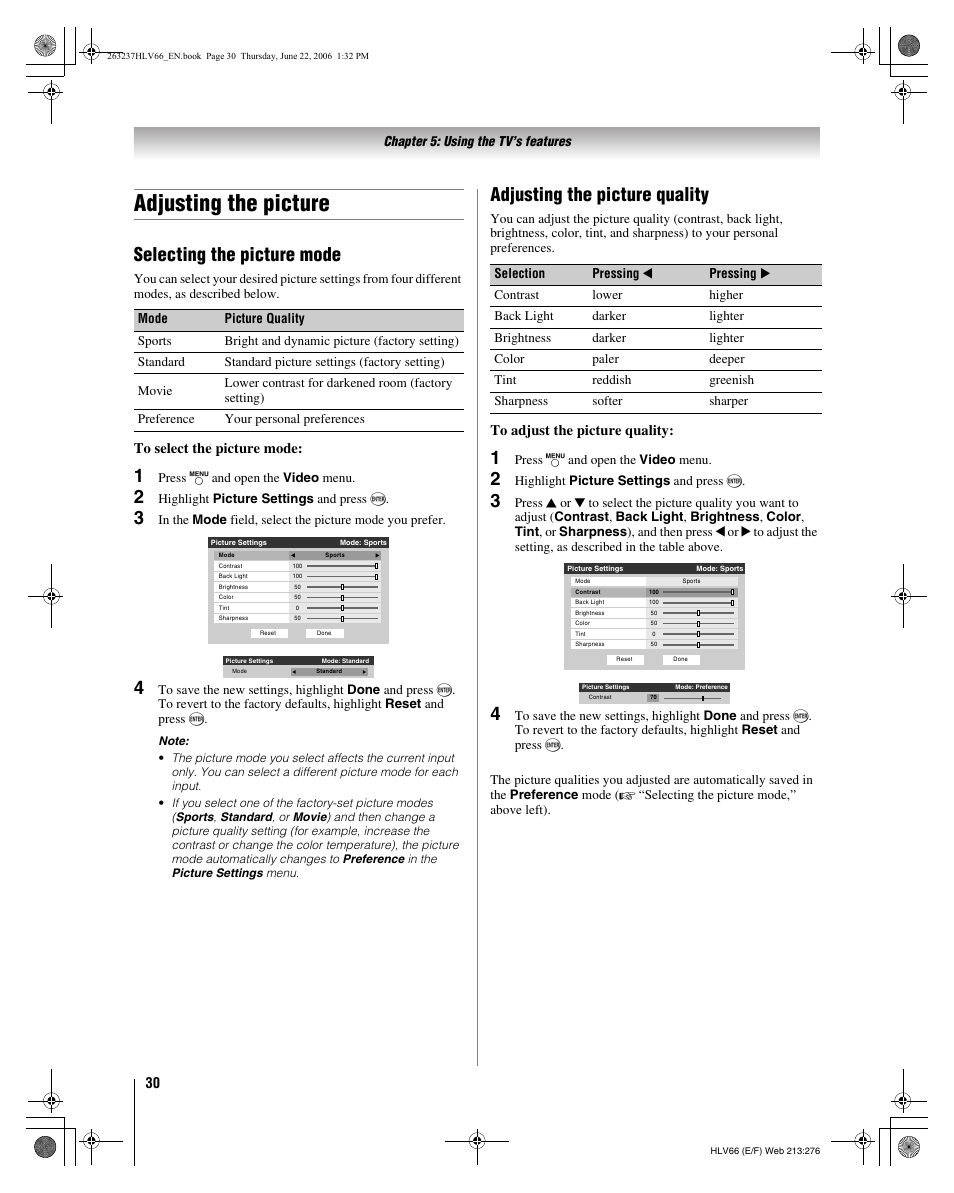 Adjusting the picture, Selecting the picture mode, Adjusting the picture quality | Toshiba 26HLV66 User Manual | Page 30 / 74