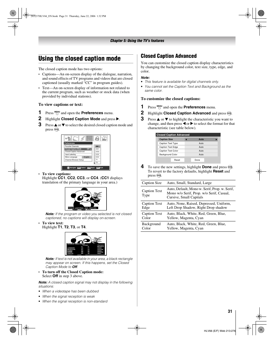 Using the closed caption mode, Closed caption advanced | Toshiba 26HLV66 User Manual | Page 31 / 74