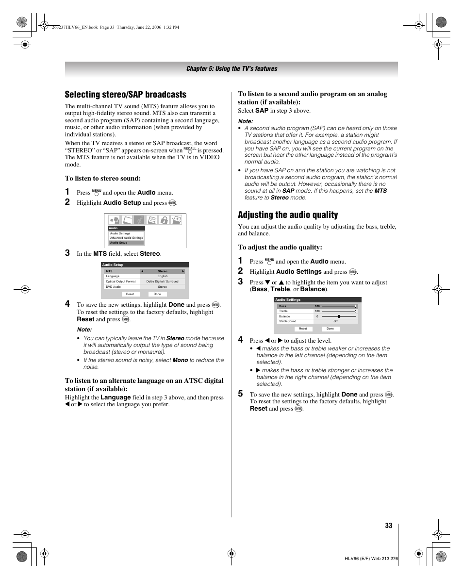 Selecting stereo/sap broadcasts, Adjusting the audio quality | Toshiba 26HLV66 User Manual | Page 33 / 74