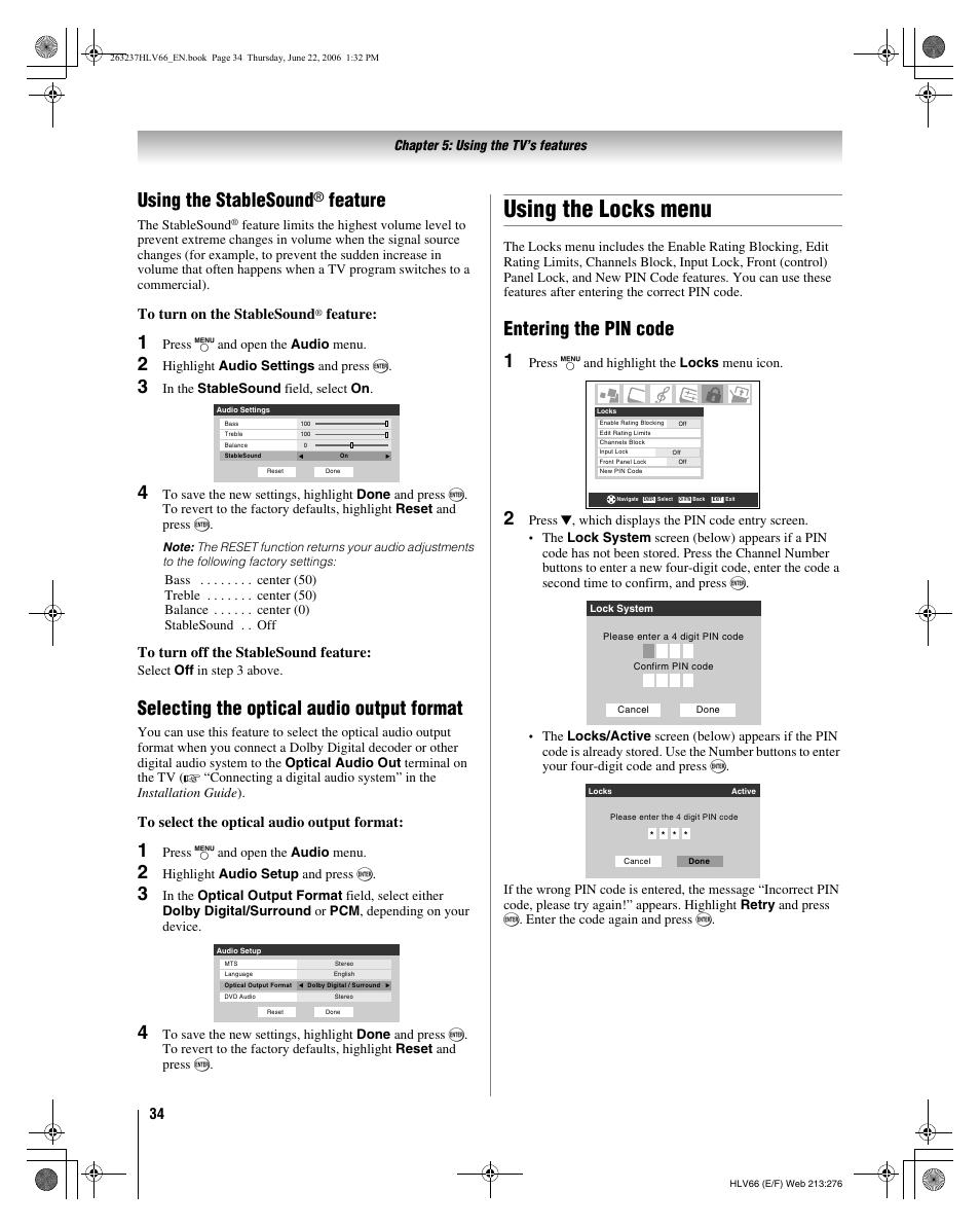 Using the locks menu, Using the stablesound, Feature | Selecting the optical audio output format, Entering the pin code 1 | Toshiba 26HLV66 User Manual | Page 34 / 74