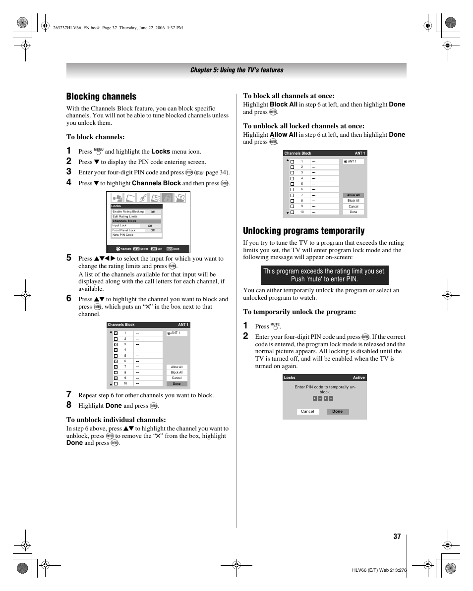 Blocking channels, Unlocking programs temporarily | Toshiba 26HLV66 User Manual | Page 37 / 74