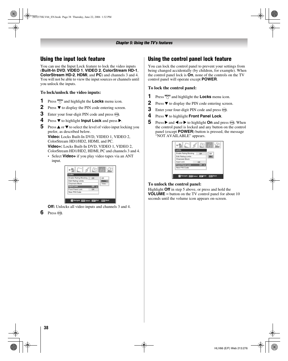 Using the input lock feature, Using the control panel lock feature | Toshiba 26HLV66 User Manual | Page 38 / 74