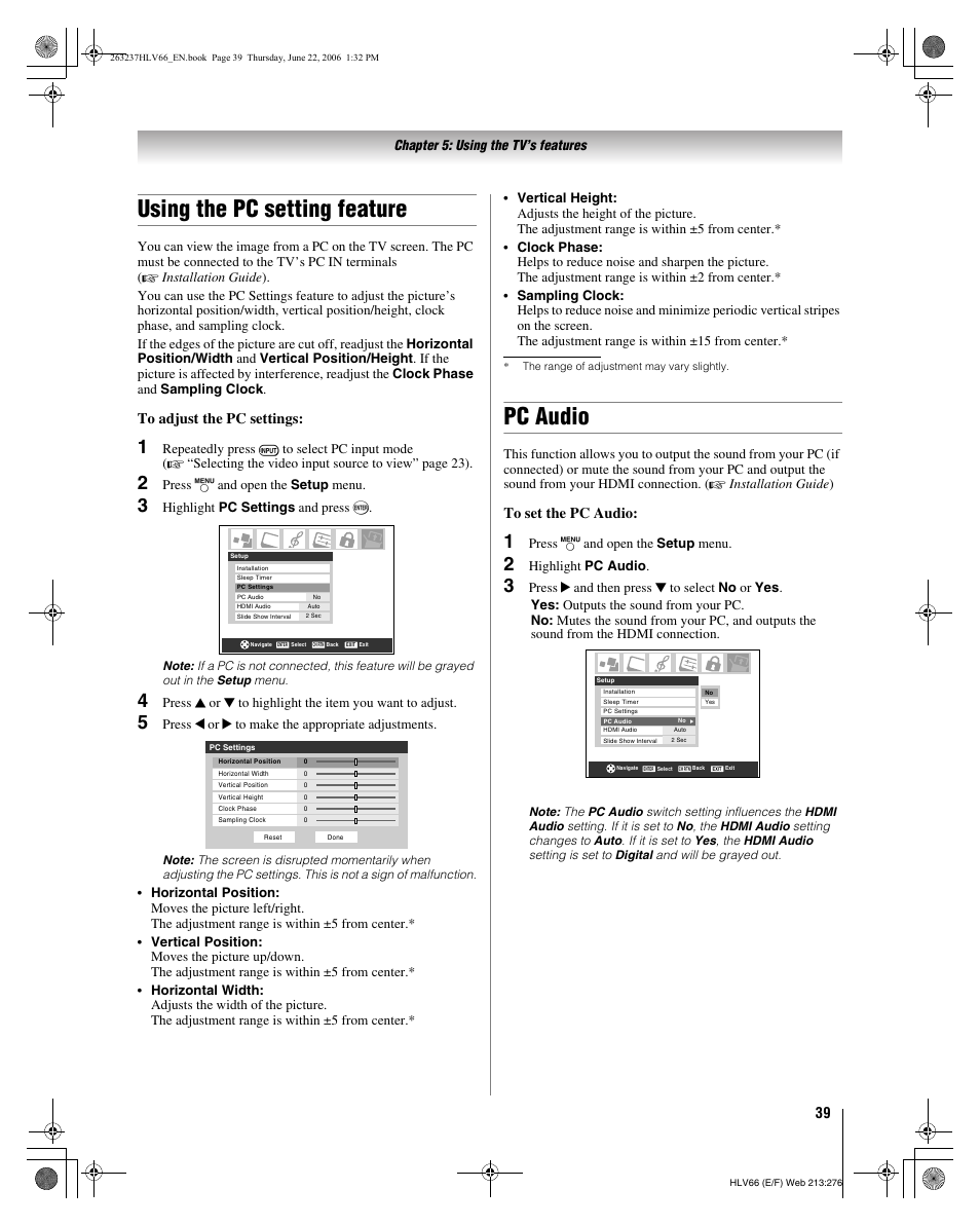 Using the pc setting feature, Pc audio, Chapter 5: using the tv’s features | Press y and open the setup menu, Highlight pc settings and press t, Press c or c to make the appropriate adjustments, Highlight pc audio | Toshiba 26HLV66 User Manual | Page 39 / 74