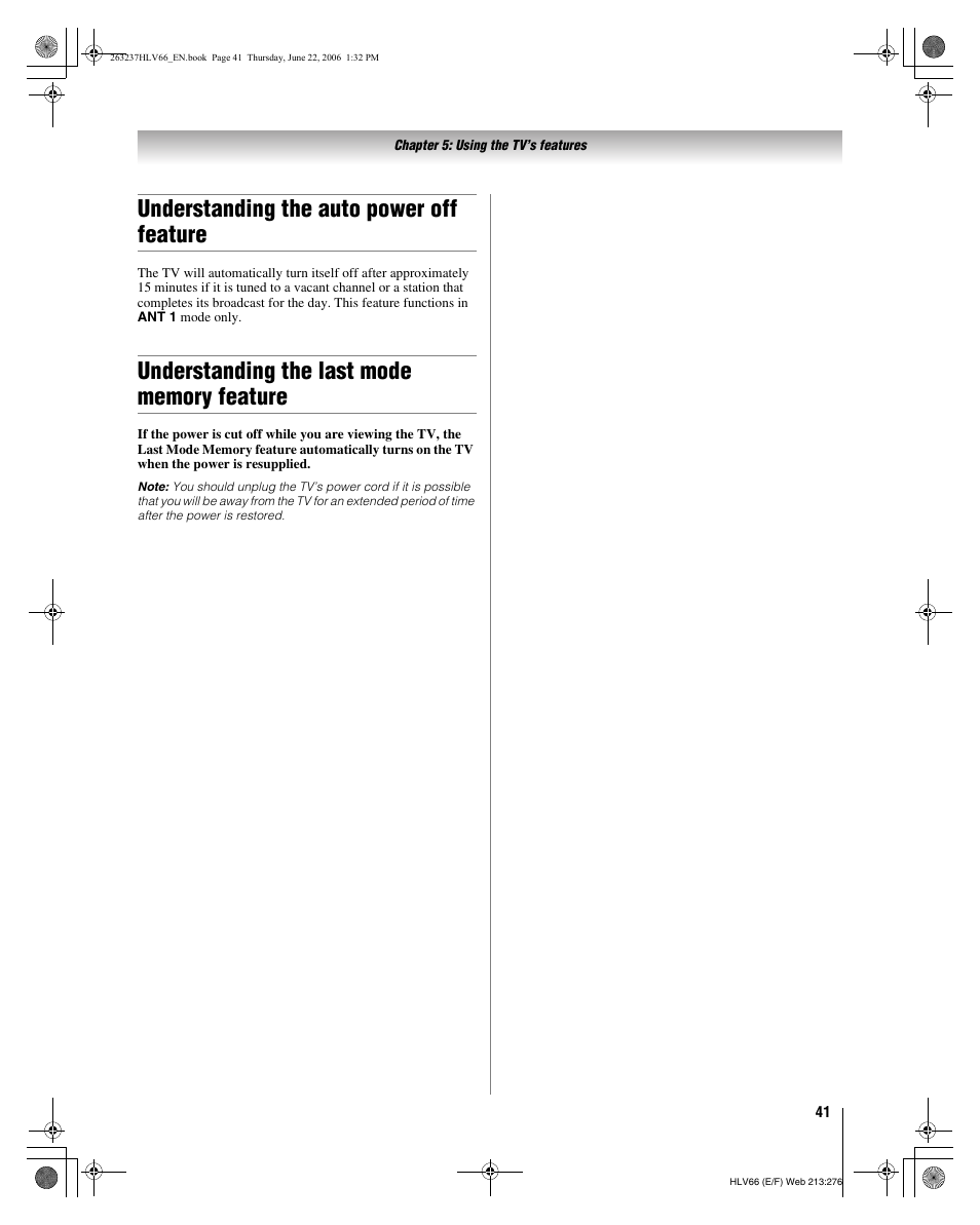 Understanding the auto power off feature | Toshiba 26HLV66 User Manual | Page 41 / 74