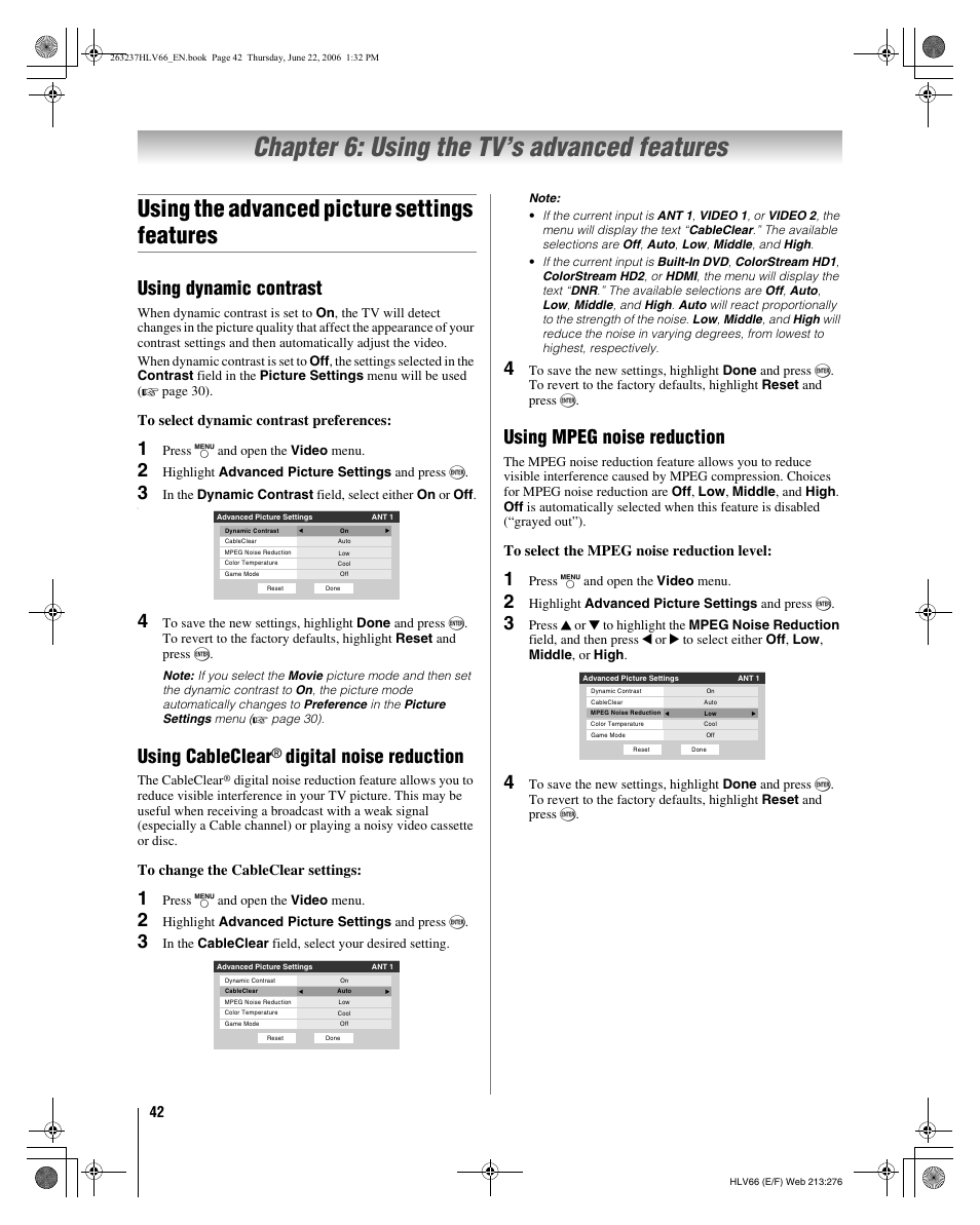 Chapter 6: using the tv’s advanced features, Using the advanced picture settings features, Using dynamic contrast | Using cableclear, Digital noise reduction, Using mpeg noise reduction | Toshiba 26HLV66 User Manual | Page 42 / 74