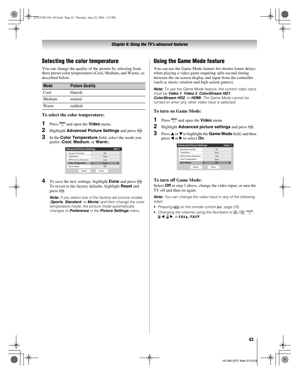 Selecting the color temperature, Using the game mode feature | Toshiba 26HLV66 User Manual | Page 43 / 74