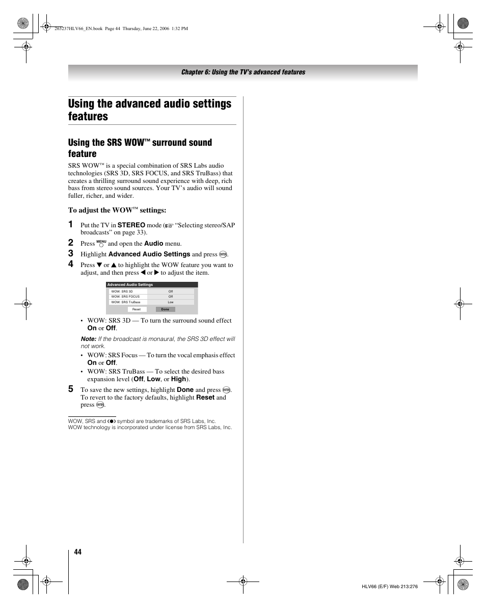 Using the advanced audio settings features, Using the srs wow, Surround sound feature | Toshiba 26HLV66 User Manual | Page 44 / 74