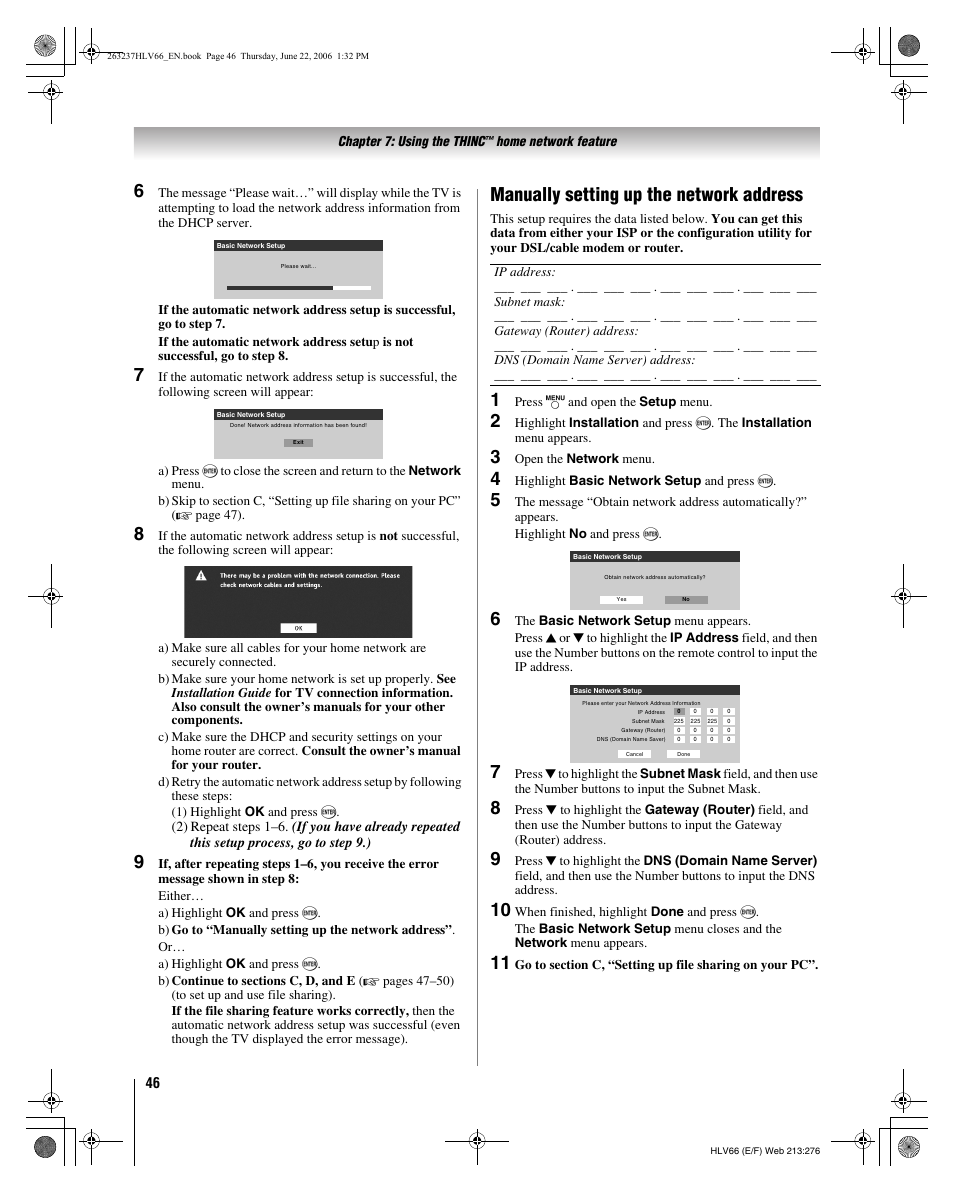 Manually setting up the network address | Toshiba 26HLV66 User Manual | Page 46 / 74