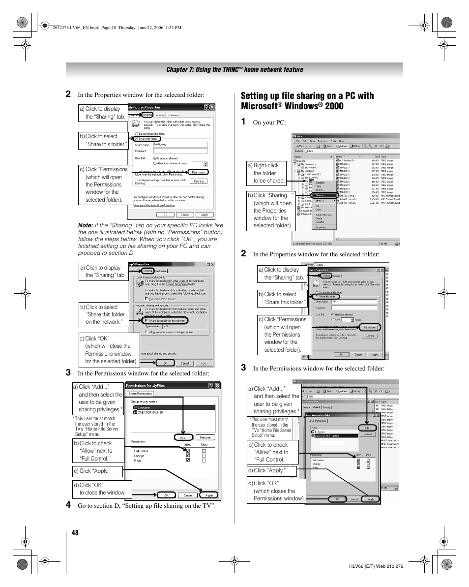 Setting up file sharing on a pc with microsoft, Windows | Toshiba 26HLV66 User Manual | Page 48 / 74