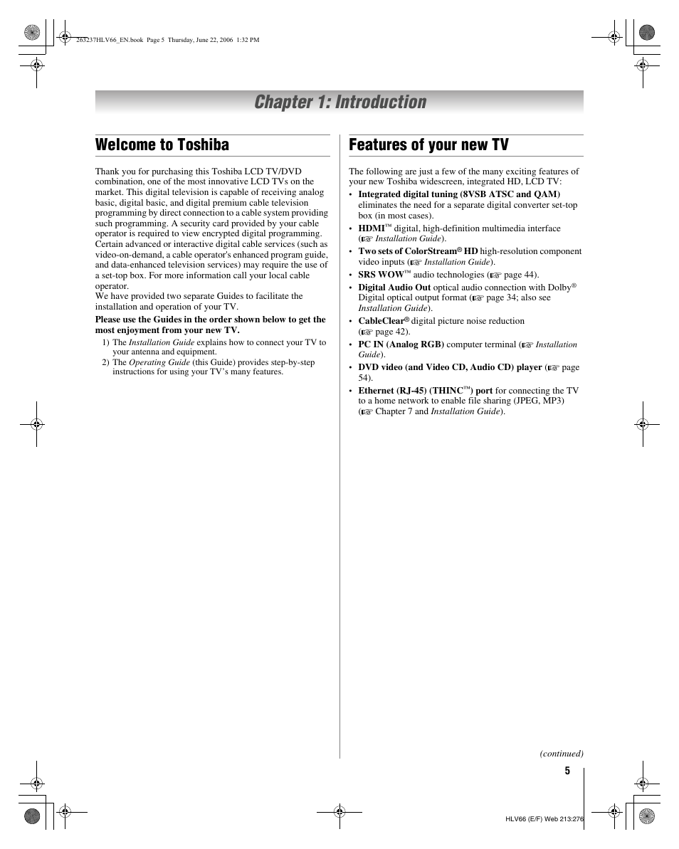 Chapter 1: introduction, Welcome to toshiba, Features of your new tv | Toshiba 26HLV66 User Manual | Page 5 / 74