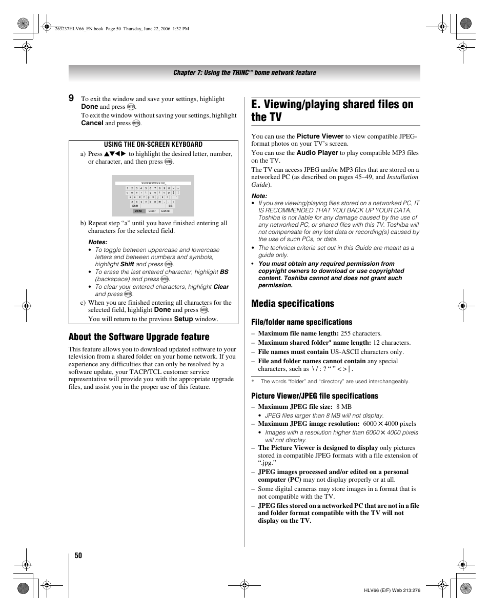 E. viewing/playing shared files on the tv, About the software upgrade feature, Media specifications | File/folder name specifications, Picture viewer/jpeg file specifications, Chapter 7: using the thinc, Home network feature, Maximum jpeg file size: 8 mb | Toshiba 26HLV66 User Manual | Page 50 / 74