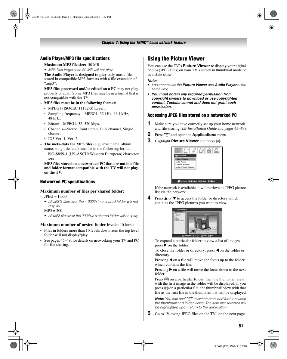 Using the picture viewer, Audio player/mp3 file specifications, Networked pc specifications | Accessing jpeg files stored on a networked pc, Maximum number of files per shared folder, Maximum number of nested folder levels | Toshiba 26HLV66 User Manual | Page 51 / 74