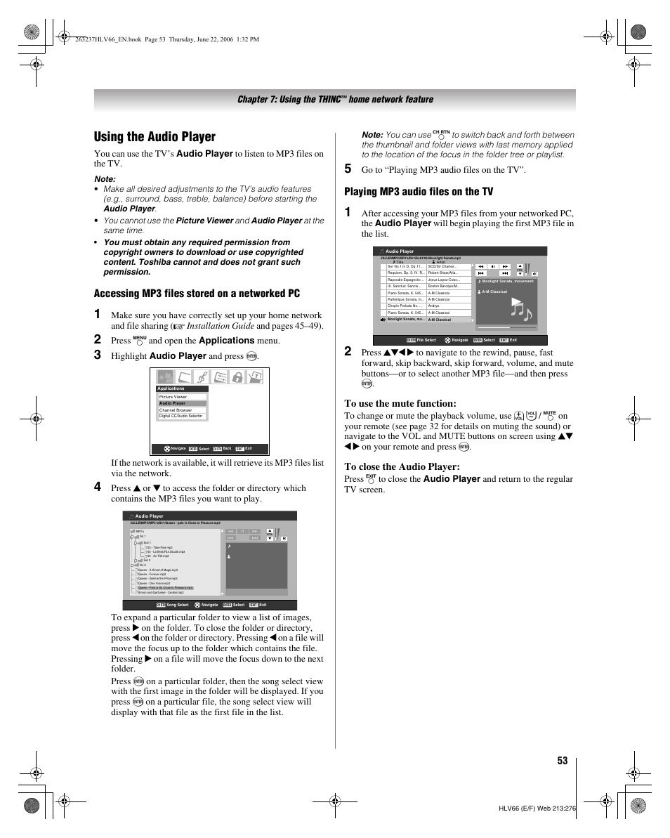 Using the audio player, Accessing mp3 files stored on a networked pc, Playing mp3 audio files on the tv | Chapter 7: using the thinc, Home network feature, Press y and open the applications menu, Go to “playing mp3 audio files on the tv | Toshiba 26HLV66 User Manual | Page 53 / 74