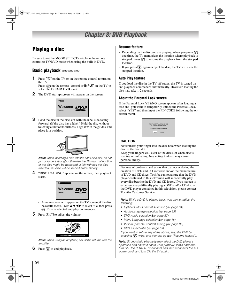 Chapter 8: dvd playback, Playing a disc, Basic playback 1 | Toshiba 26HLV66 User Manual | Page 54 / 74