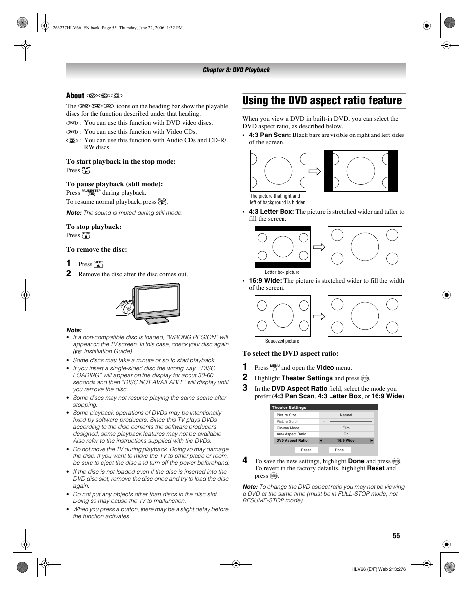 Using the dvd aspect ratio feature, About | Toshiba 26HLV66 User Manual | Page 55 / 74