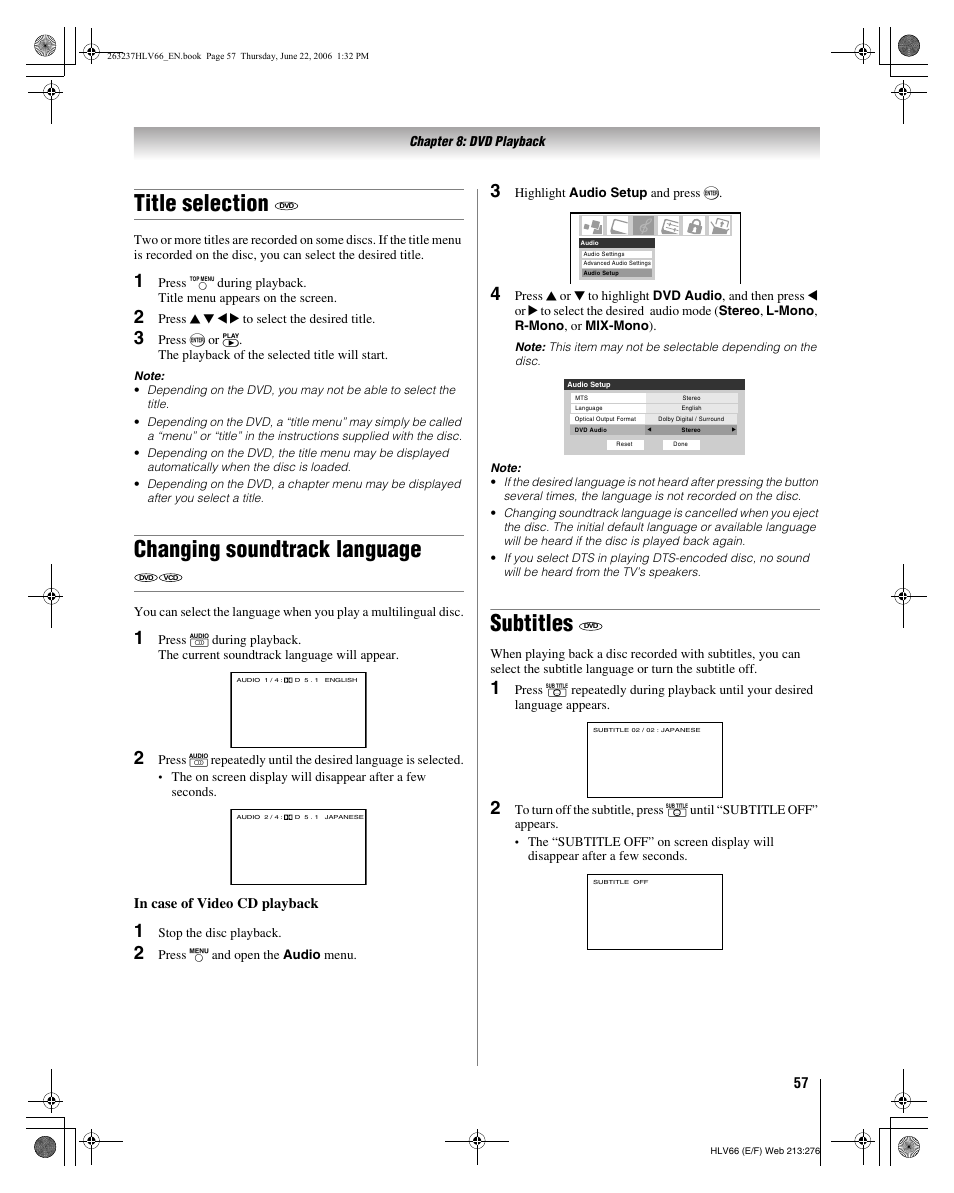Title selection, Changing soundtrack language, Subtitles | Toshiba 26HLV66 User Manual | Page 57 / 74