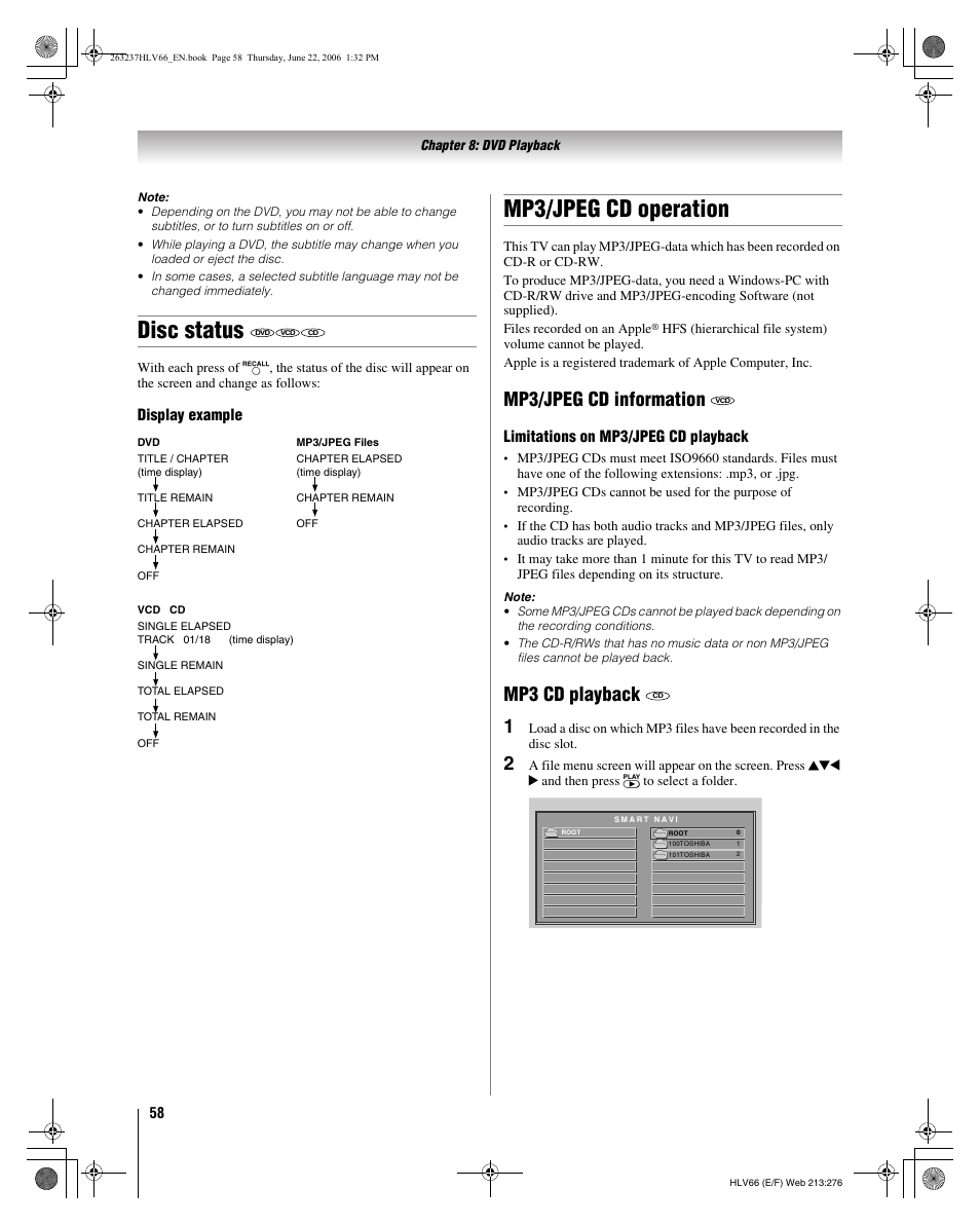 Disc status, Mp3/jpeg cd operation, Mp3/jpeg cd information | Mp3 cd playback 1, Display example, Limitations on mp3/jpeg cd playback | Toshiba 26HLV66 User Manual | Page 58 / 74