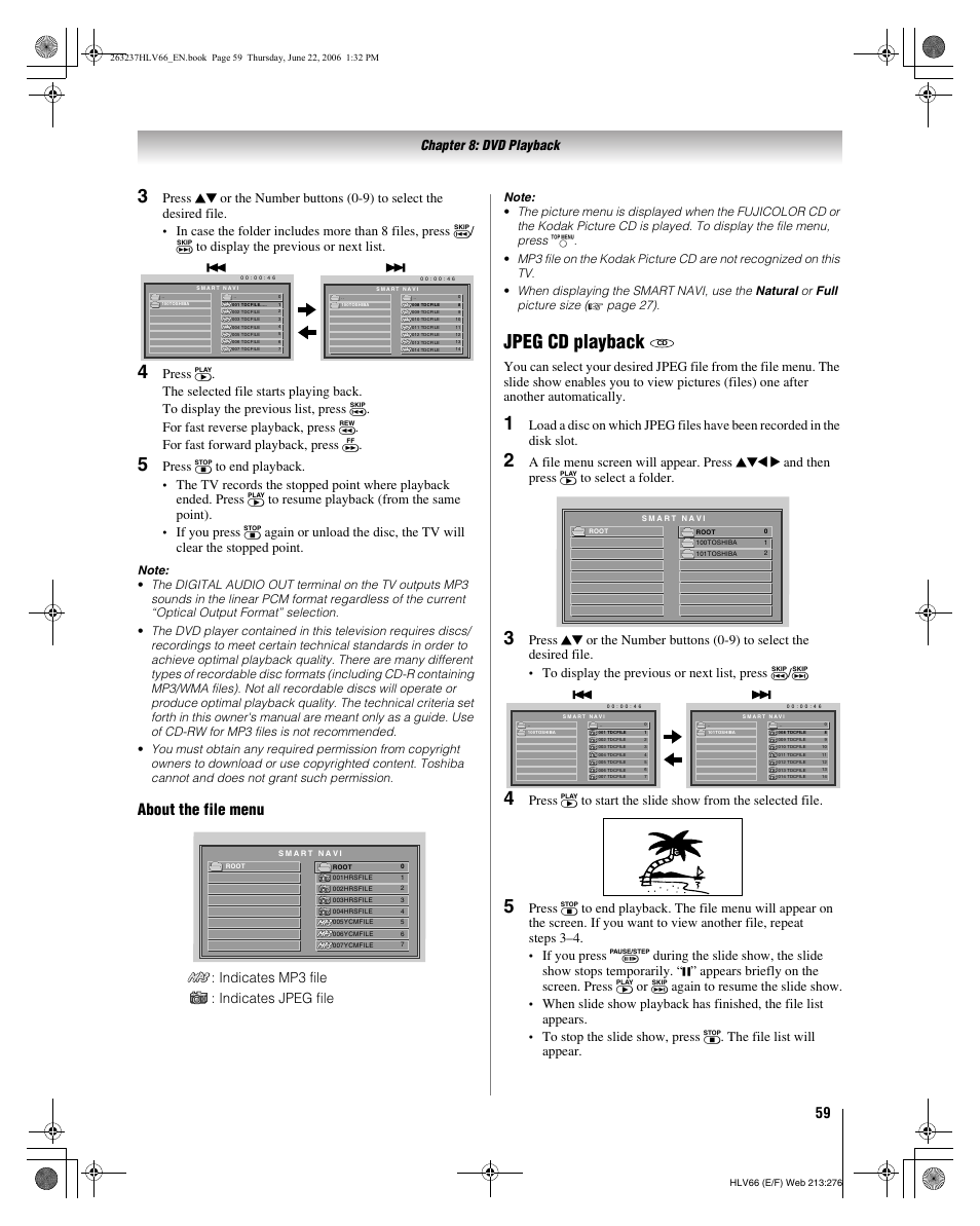 Jpeg cd playback, About the file menu, Chapter 8: dvd playback | Press d to end playback, Indicates mp3 file : indicates jpeg file | Toshiba 26HLV66 User Manual | Page 59 / 74