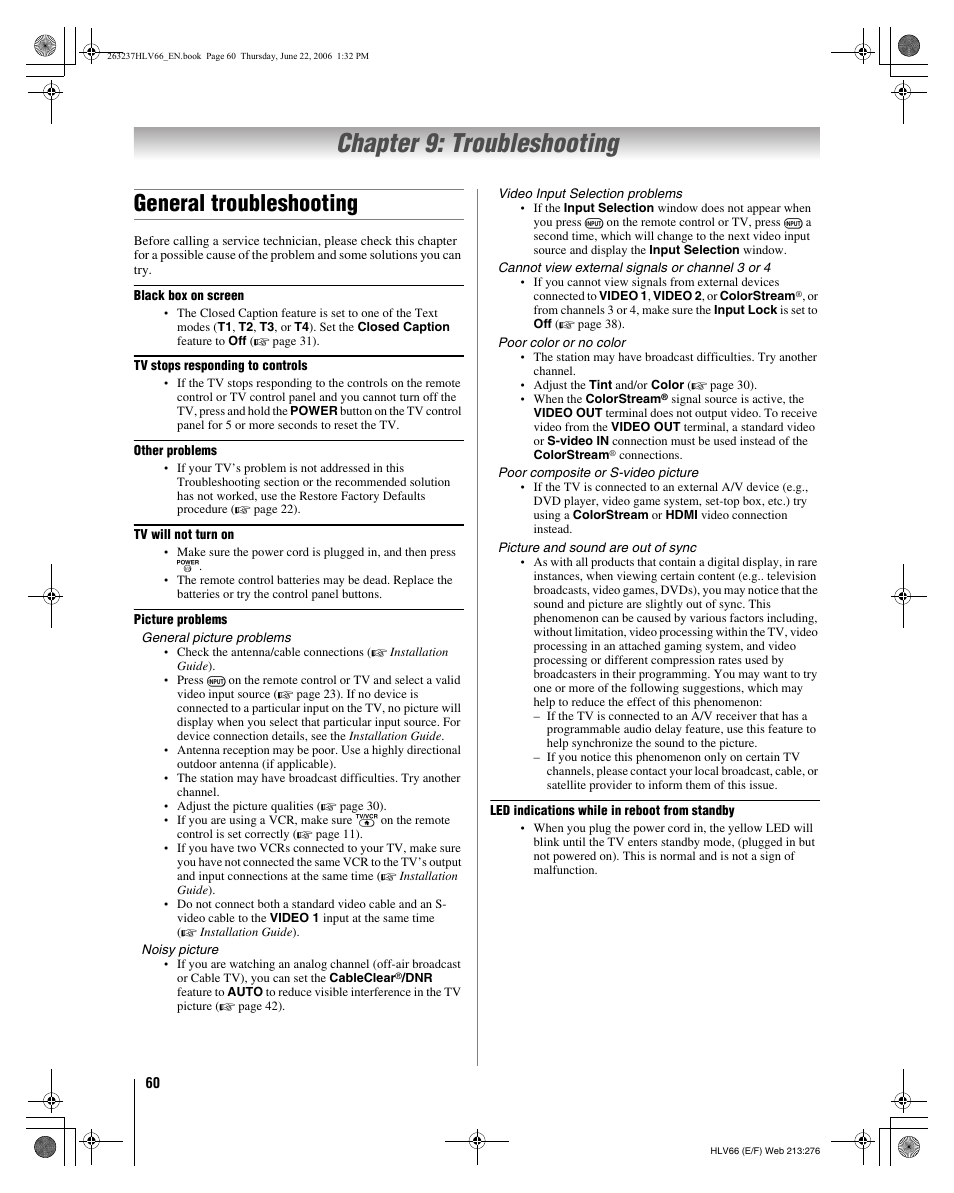 Chapter 9: troubleshooting, General troubleshooting | Toshiba 26HLV66 User Manual | Page 60 / 74