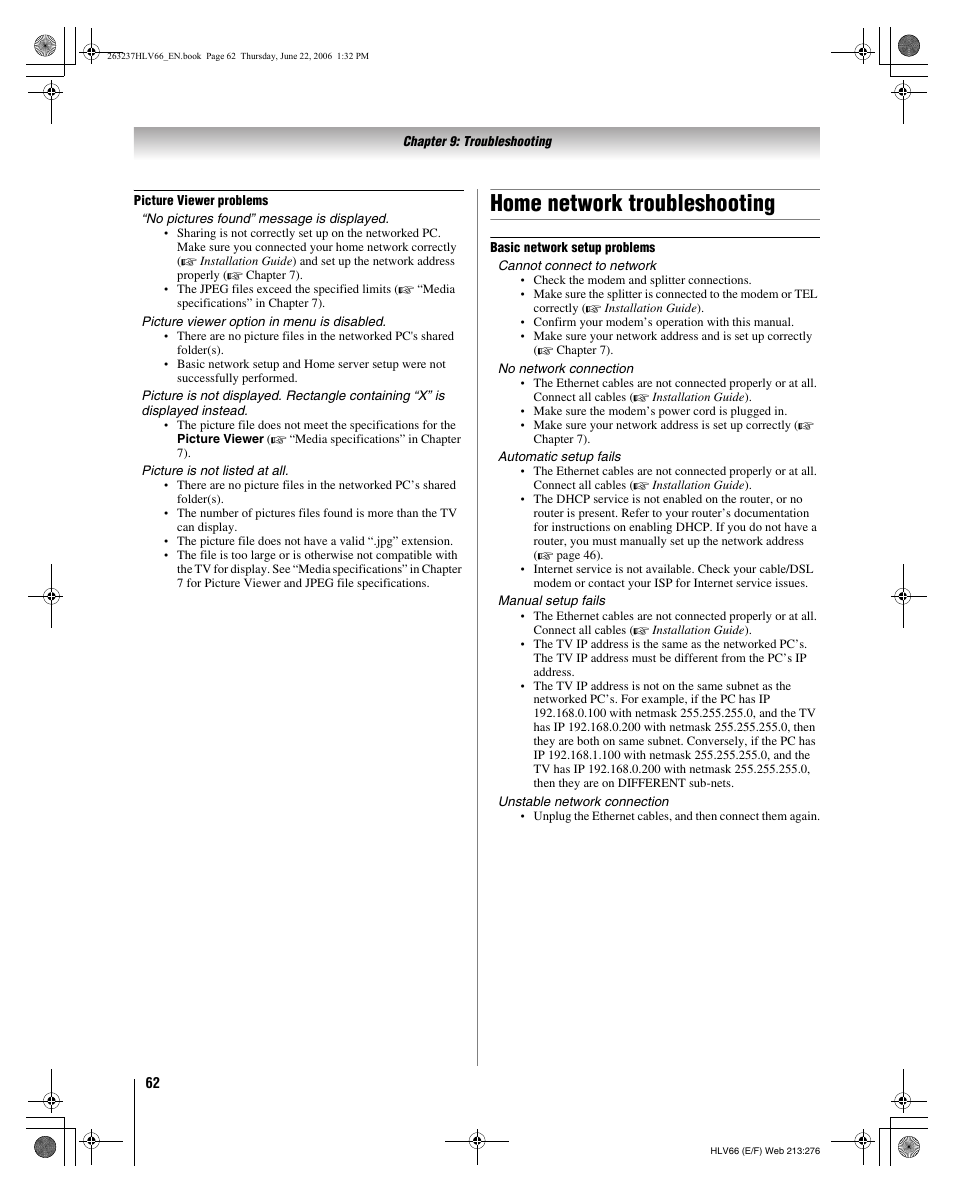 Home network troubleshooting | Toshiba 26HLV66 User Manual | Page 62 / 74