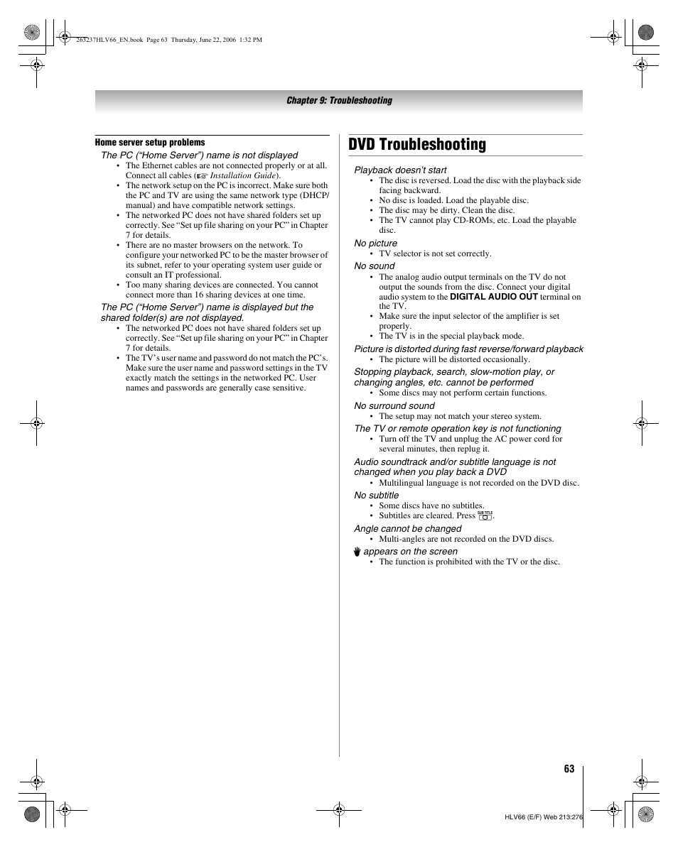 Dvd troubleshooting | Toshiba 26HLV66 User Manual | Page 63 / 74