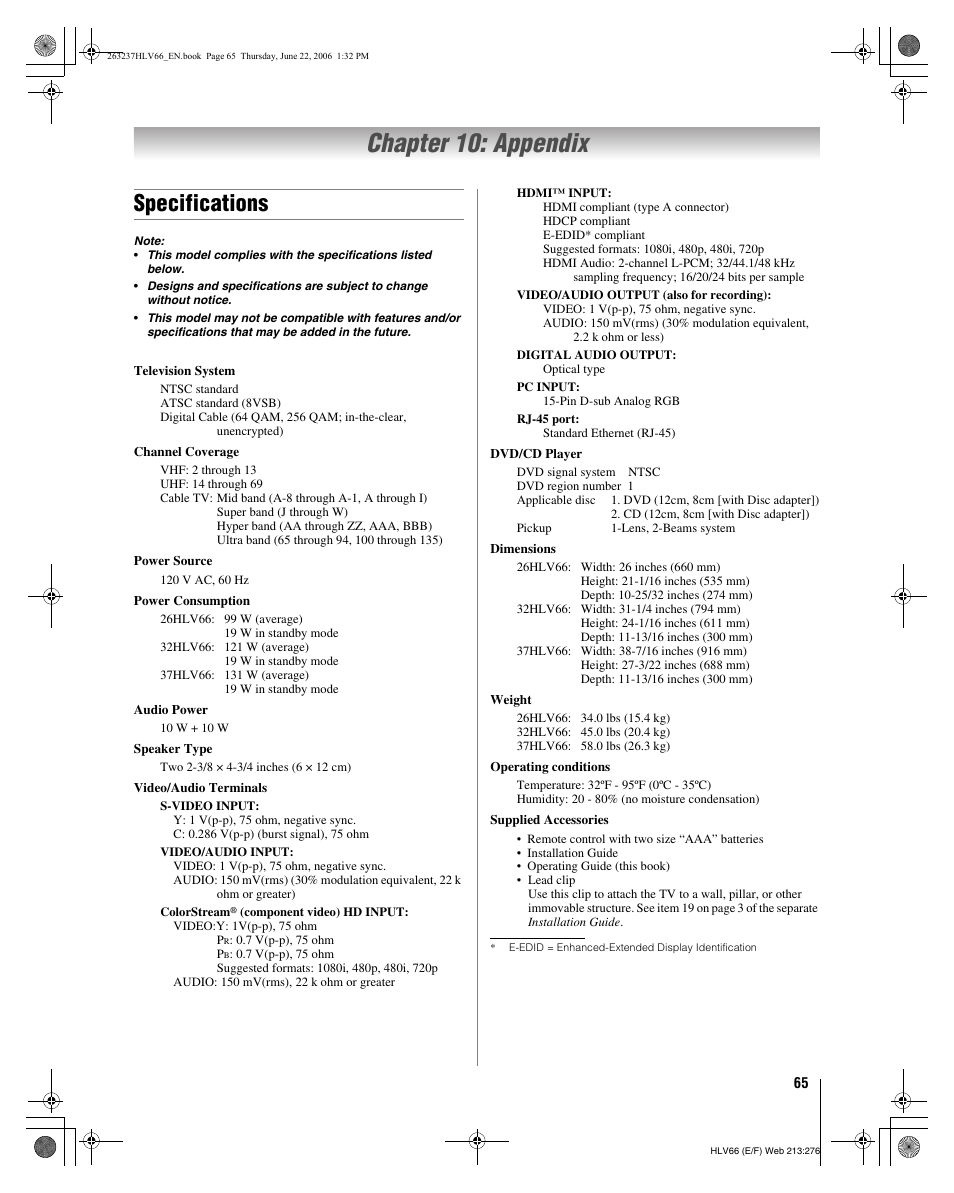 Chapter 10: appendix, Specifications | Toshiba 26HLV66 User Manual | Page 65 / 74