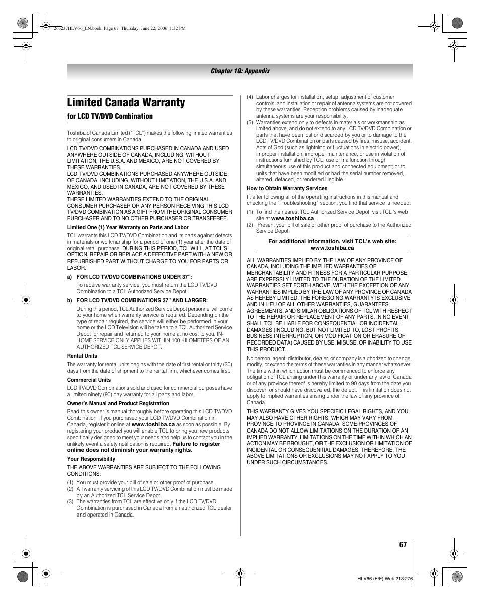 Limited canada warranty | Toshiba 26HLV66 User Manual | Page 67 / 74