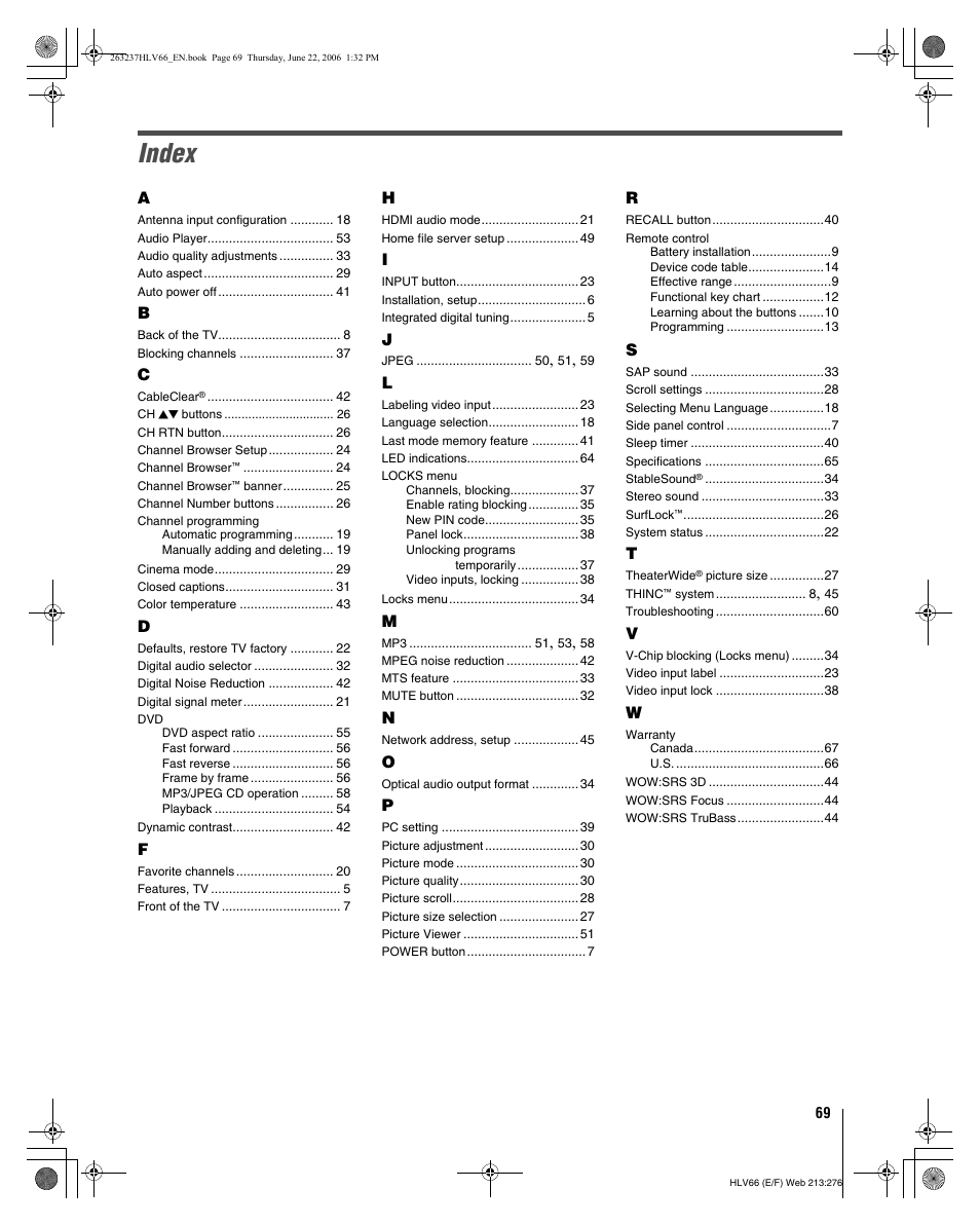 Index | Toshiba 26HLV66 User Manual | Page 69 / 74