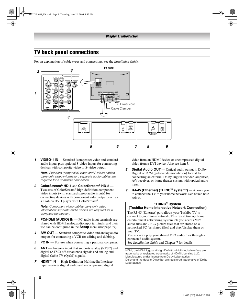Tv back panel connections | Toshiba 26HLV66 User Manual | Page 8 / 74
