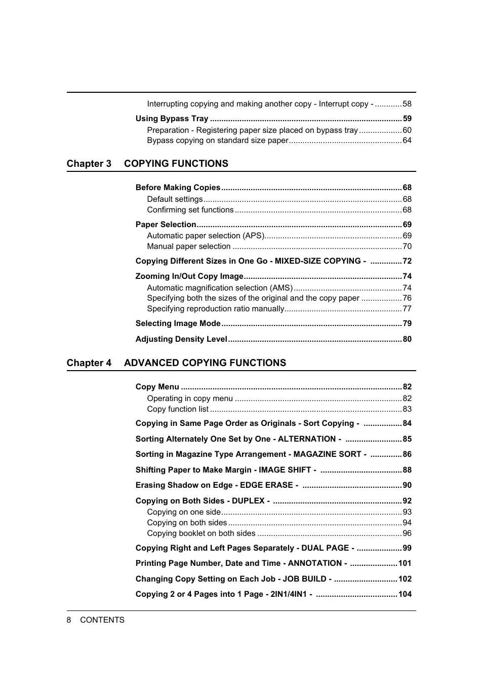 Chapter 3 copying functions, Chapter 4 advanced copying functions | Toshiba 165 User Manual | Page 10 / 224