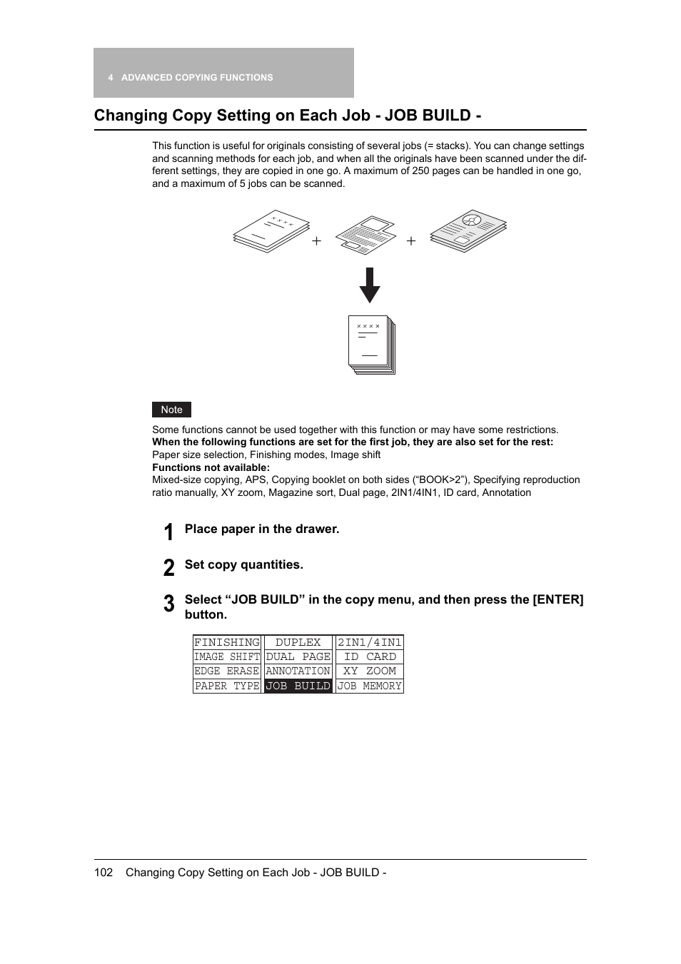 Changing copy setting on each job - job build, P.102) | Toshiba 165 User Manual | Page 104 / 224