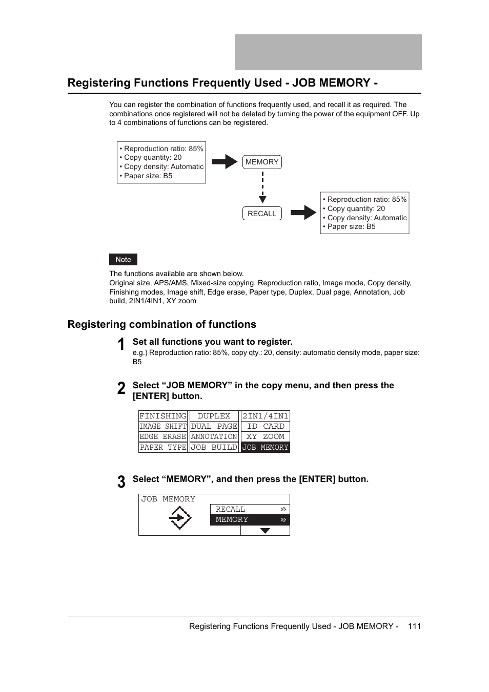 Registering functions frequently used - job memory, Registering combination of functions, P.111 | Toshiba 165 User Manual | Page 113 / 224