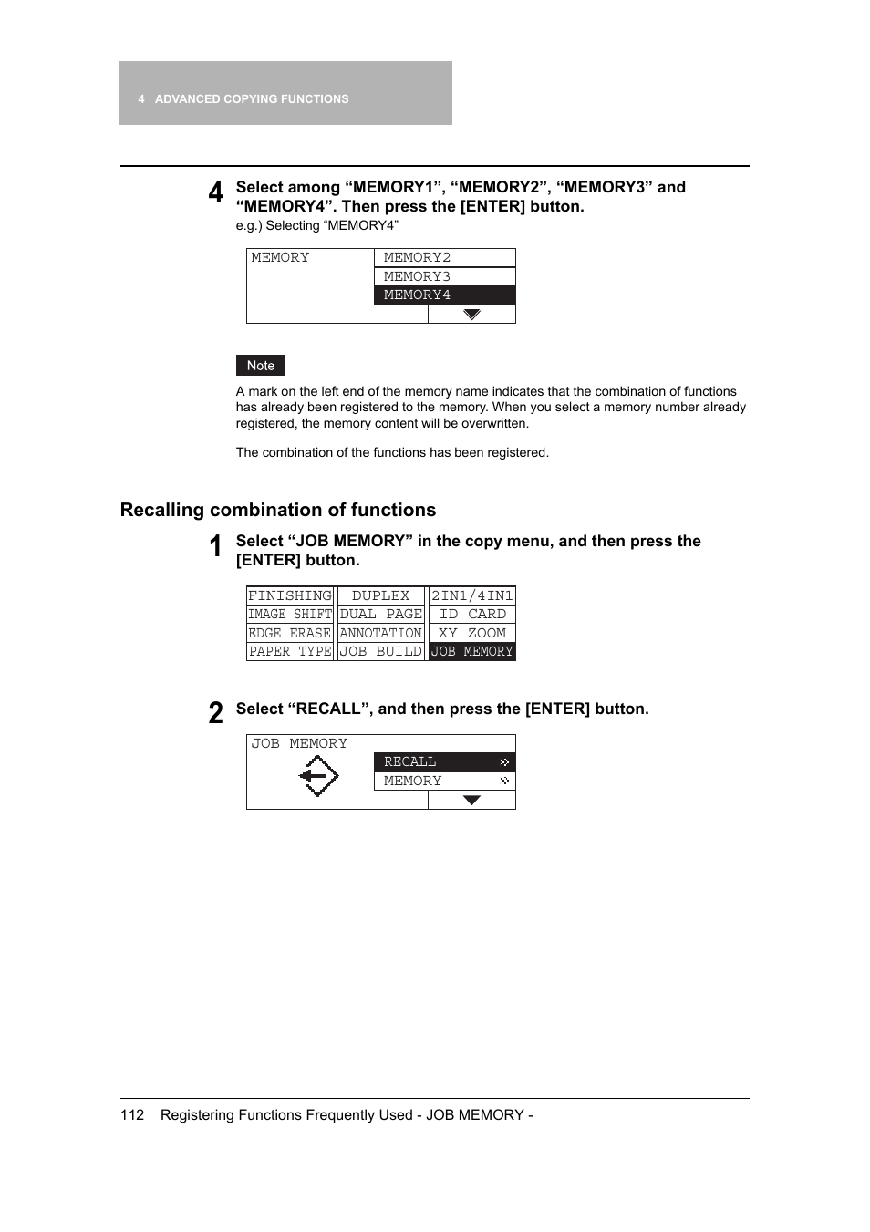 Recalling combination of functions | Toshiba 165 User Manual | Page 114 / 224