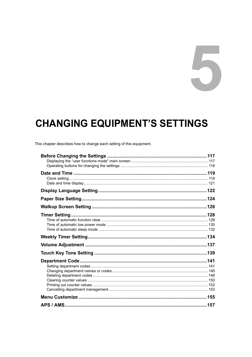 Changing equipment’s settings, Chapter 5, P.115 “changing equipment’s settings | Toshiba 165 User Manual | Page 117 / 224