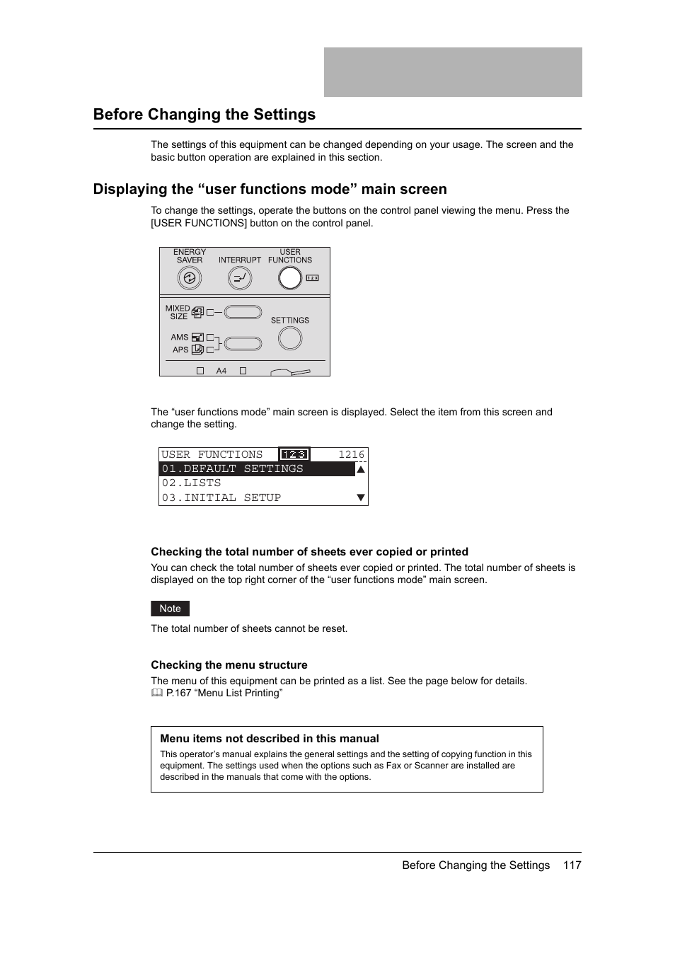 Before changing the settings, Displaying the “user functions mode” main screen | Toshiba 165 User Manual | Page 119 / 224