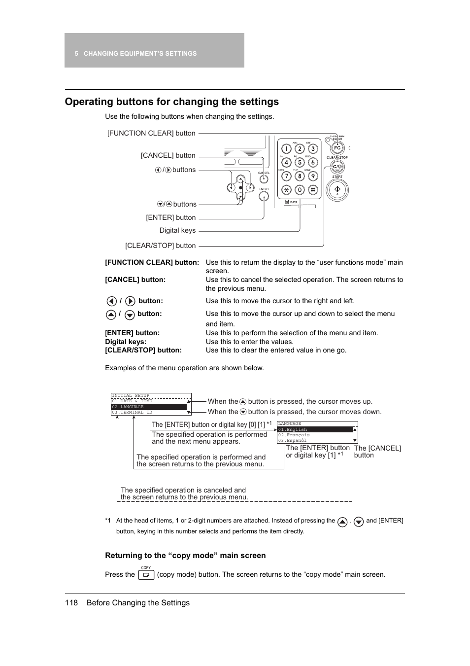 Operating buttons for changing the settings | Toshiba 165 User Manual | Page 120 / 224