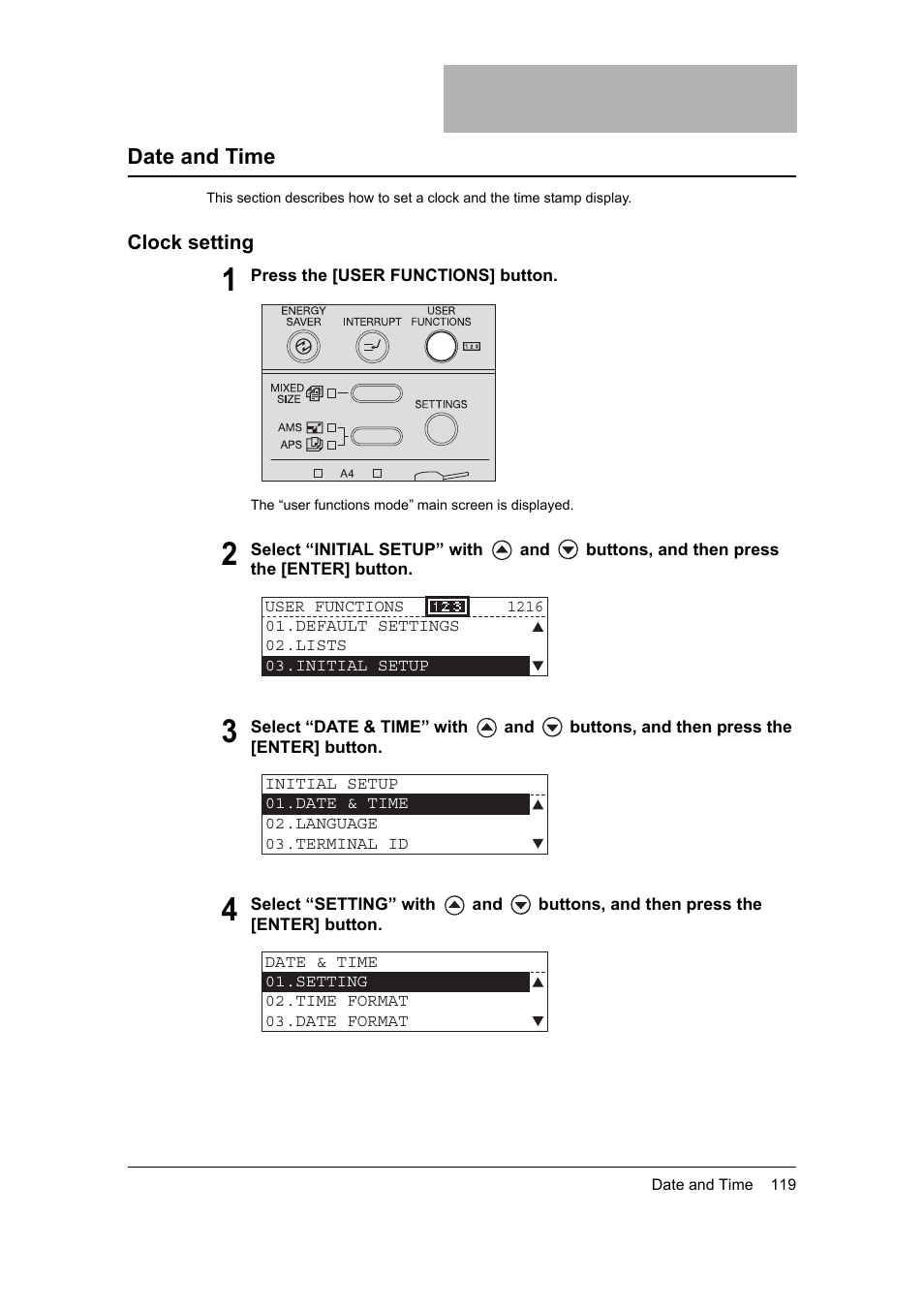 Date and time, Clock setting | Toshiba 165 User Manual | Page 121 / 224