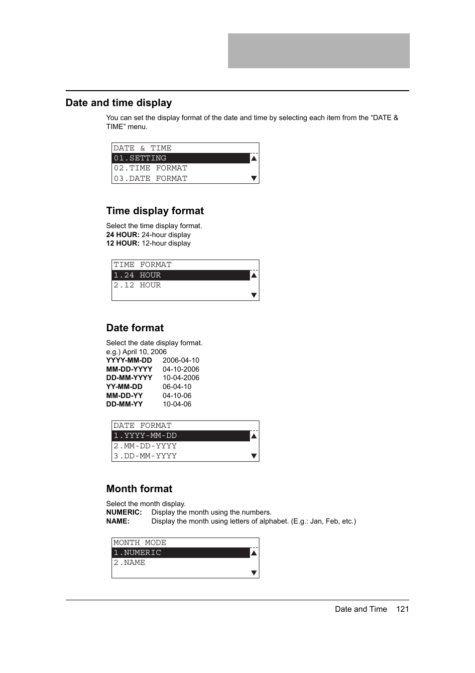 Date and time display, Time display format, Date format | Month format | Toshiba 165 User Manual | Page 123 / 224