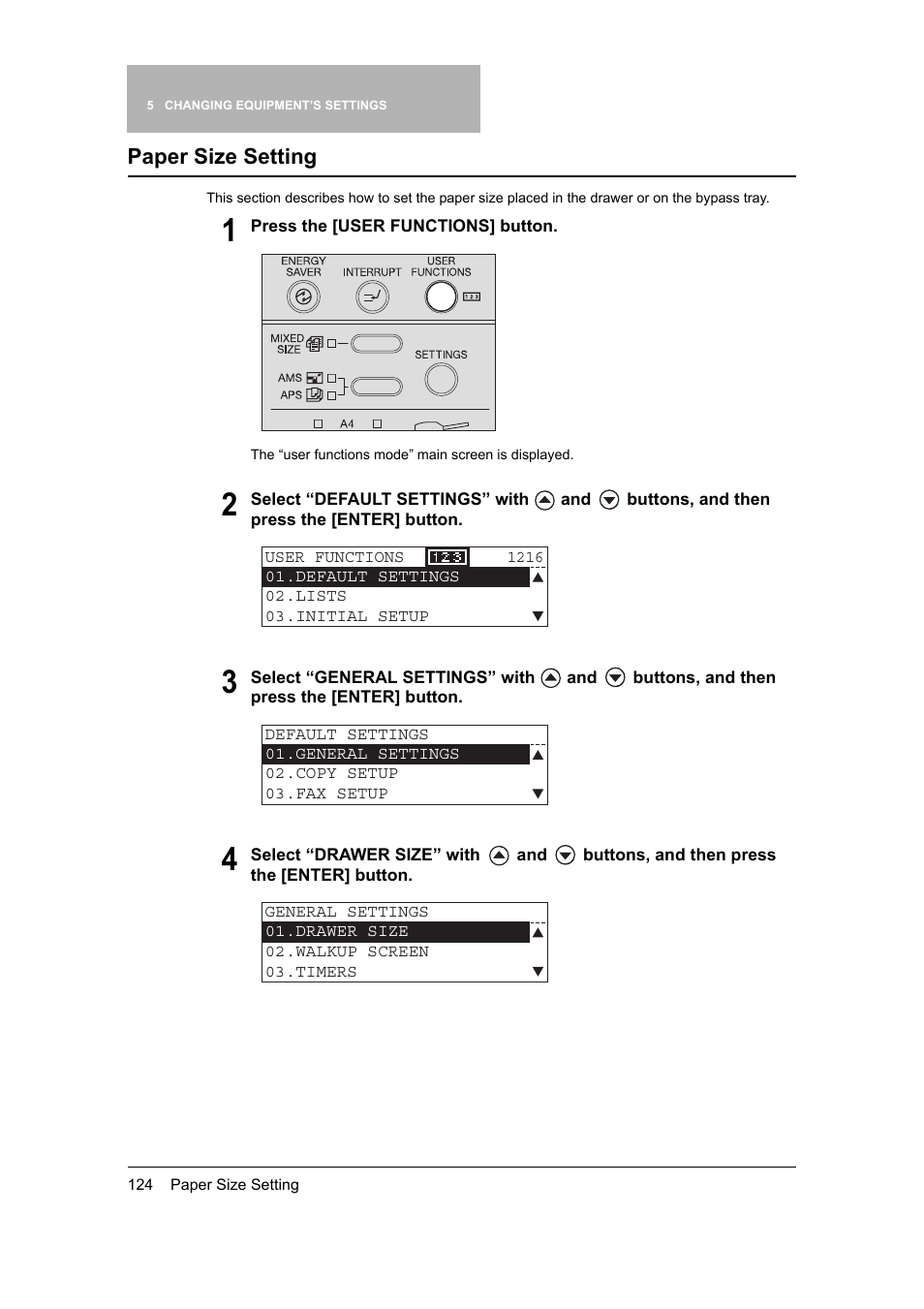 Paper size setting, P.124 “paper size setting | Toshiba 165 User Manual | Page 126 / 224