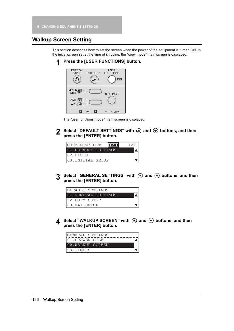 Walkup screen setting, P.126 “walkup screen setting | Toshiba 165 User Manual | Page 128 / 224