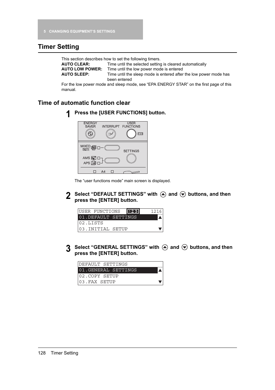 Timer setting, Time of automatic function clear | Toshiba 165 User Manual | Page 130 / 224