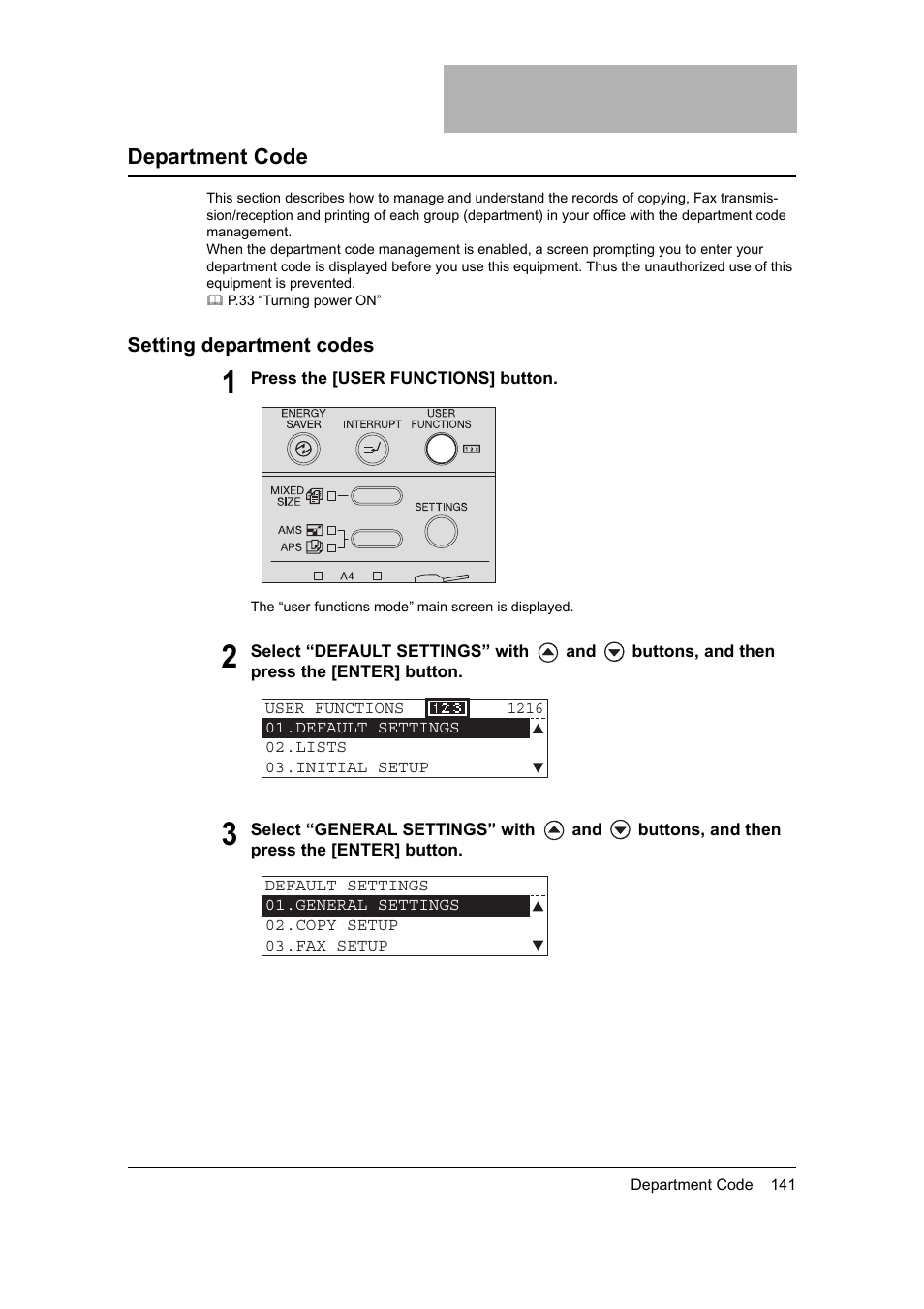 Department code, Setting department codes | Toshiba 165 User Manual | Page 143 / 224